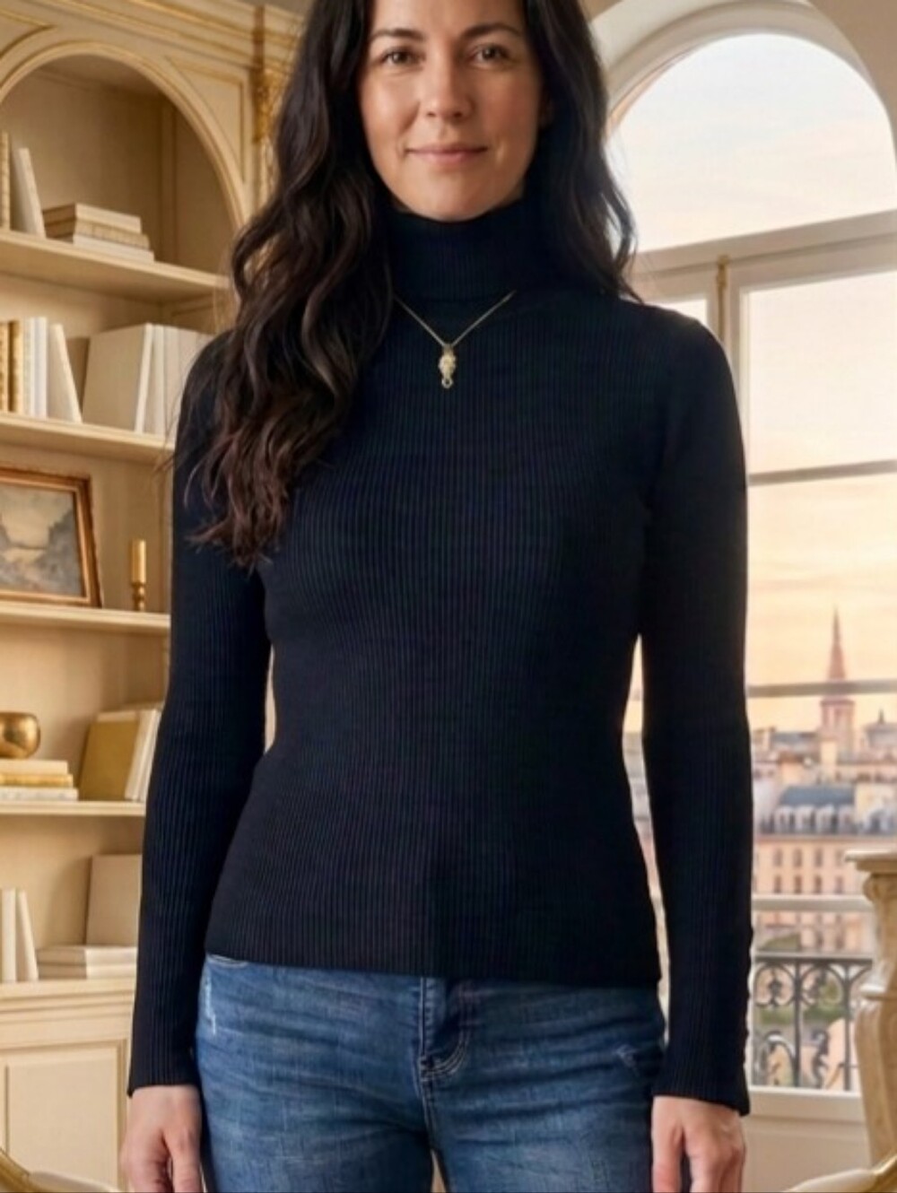 MAEVE by Anthropologie Black Ribbed Knit Button-Cuff Turtleneck Sweater - SP